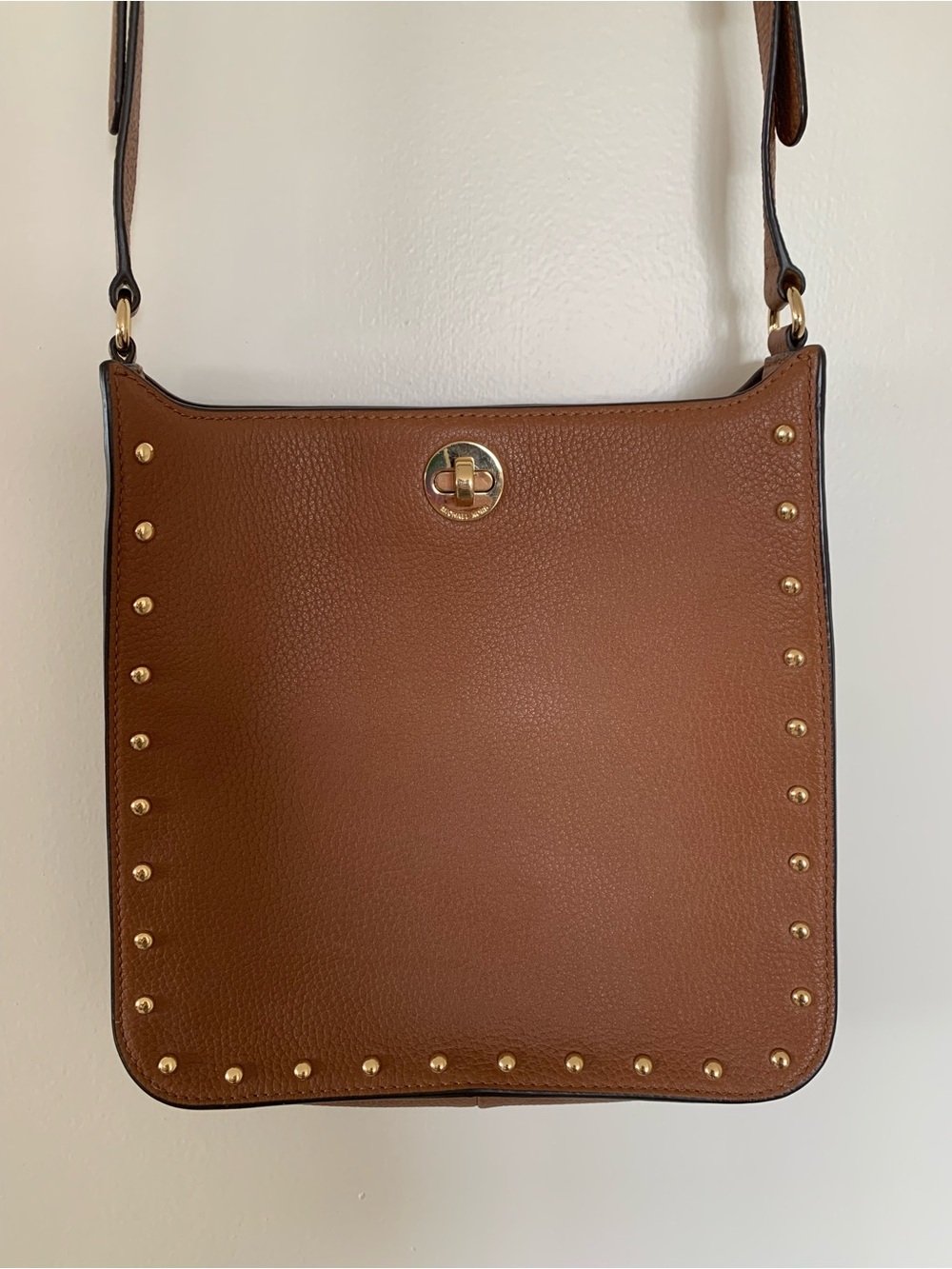 Michael Kors Tan Brown Leather Studded Shoulder Bag Purse with Gold Hardware